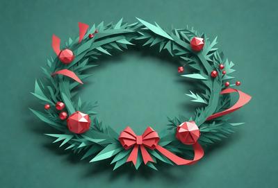 The primary subject of the image is a paper wreath with a bow on it. The wreath is made of green and red paper, and it is placed on a green surface. The visual style of the image is a combination of digital art and illustration, giving it a unique and creative appearance. The colors and mood of the image are predominantly green and red, which are associated with holidays and celebrations.